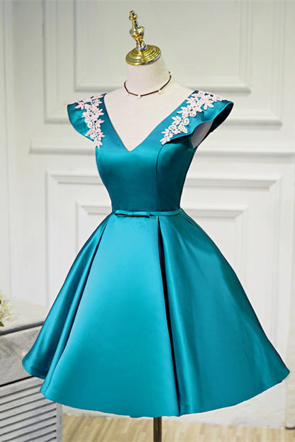 Red Flutter Sleeves V Neck Appliques Homecoming Dress with Bow