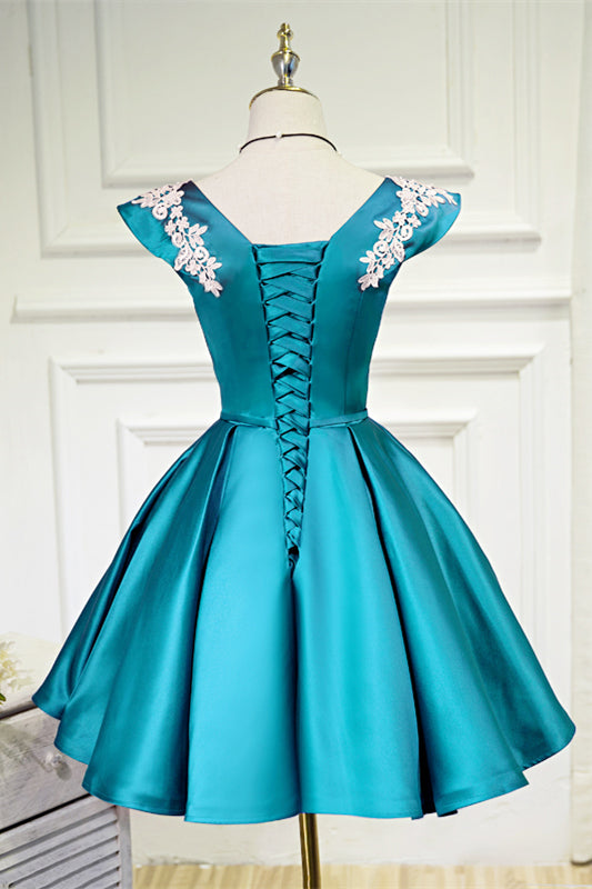 Red Flutter Sleeves V Neck Appliques Homecoming Dress with Bow