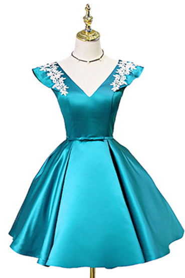 Red Flutter Sleeves V Neck Appliques Homecoming Dress with Bow