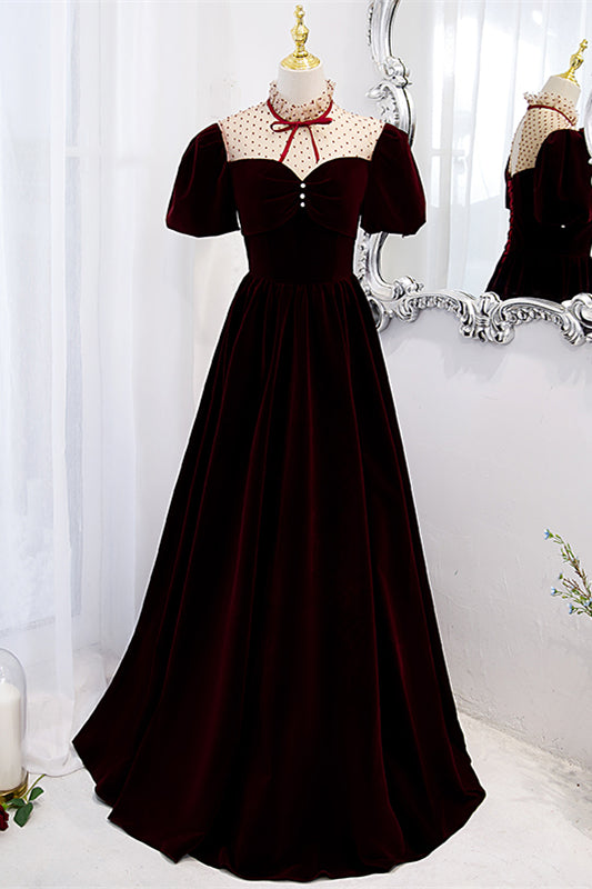 Burgundy Illusion Neck Puff Sleeves Bow Tie Maxi Formal Dress with Buttons