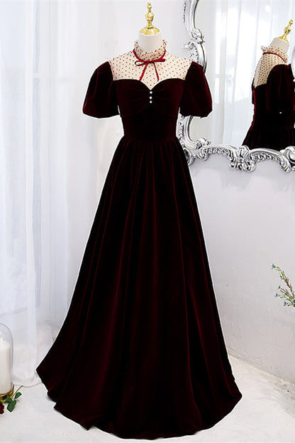 Burgundy Illusion Neck Puff Sleeves Bow Tie Maxi Formal Dress with Buttons
