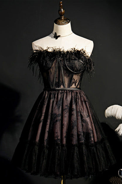 Black Strapless Feathers Prints Ruffle Homecoming Dress
