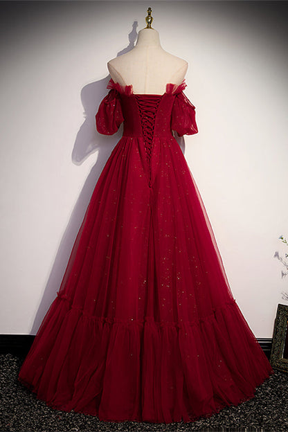 Red Off-the-Shoulder Pleated Ruffle Maxi Formal Dress with Sash