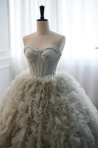 Grey Strapless A-line Ruffle-Layers Long Prom Dress