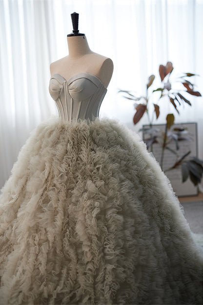 Grey Strapless A-line Ruffle-Layers Long Prom Dress