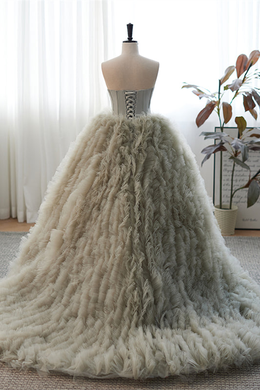 Grey Strapless A-line Ruffle-Layers Long Prom Dress