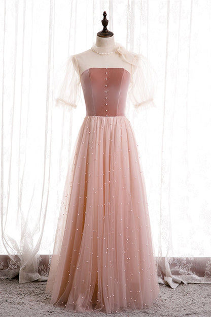 Pink High Neck Short Sleeves A-Line Party Evening Dress