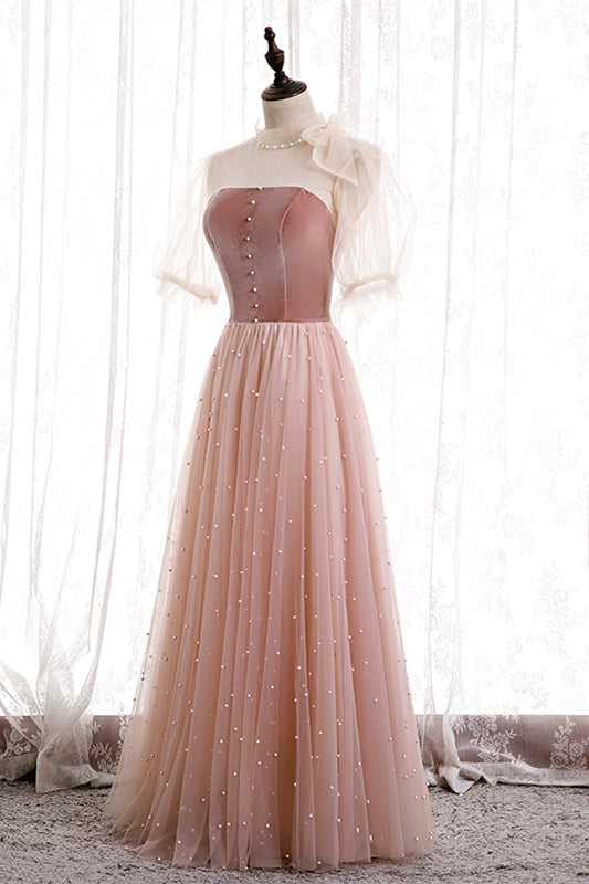 Pink High Neck Short Sleeves A-Line Party Evening Dress