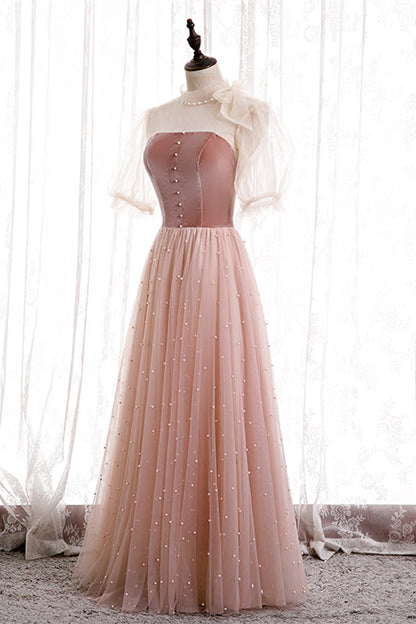 Pink High Neck Short Sleeves A-Line Party Evening Dress