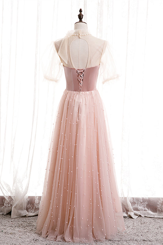 Pink High Neck Short Sleeves A-Line Party Evening Dress