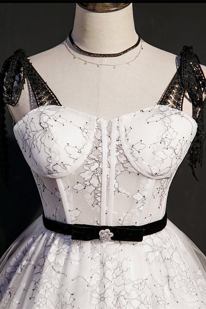 White Flower Print Bow Tie Shoulder Homecoming Dress with Sash