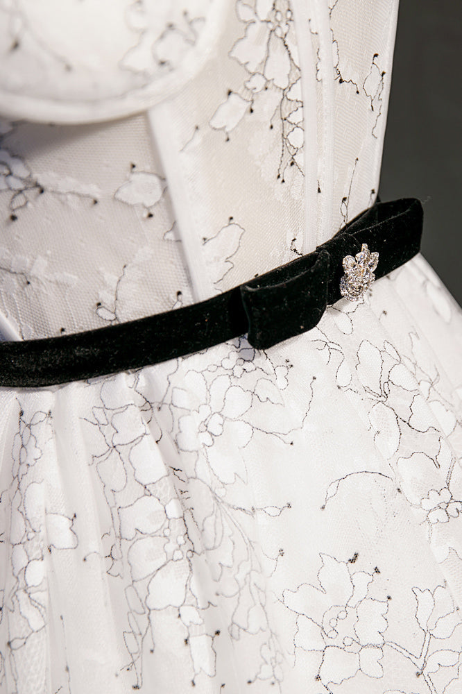 White Flower Print Bow Tie Shoulder Homecoming Dress with Sash