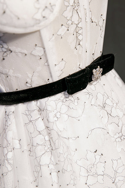 White Flower Print Bow Tie Shoulder Homecoming Dress with Sash