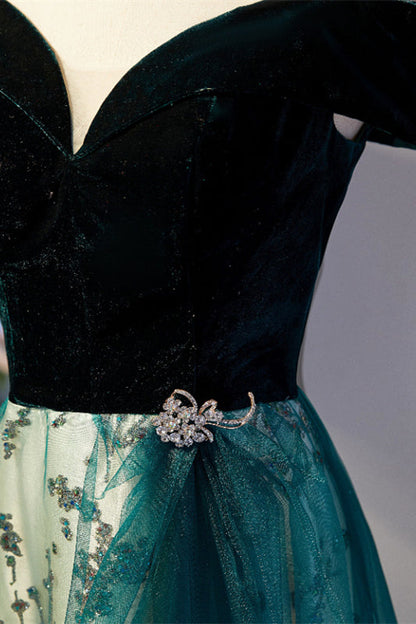 Black and Green Off-the-Shoulder Bead-Embroidered Maxi Formal Dress