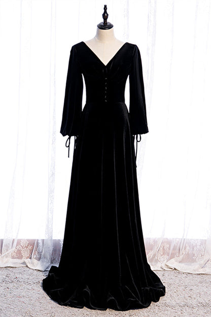 V-Neck Long Sleeves A-Line Open Back Velvet Party Evening Dress