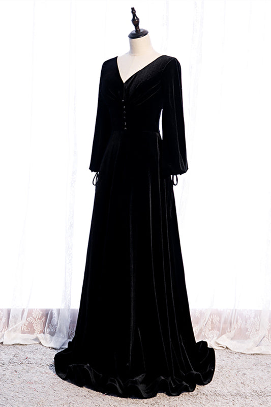 V-Neck Long Sleeves A-Line Open Back Velvet Party Evening Dress