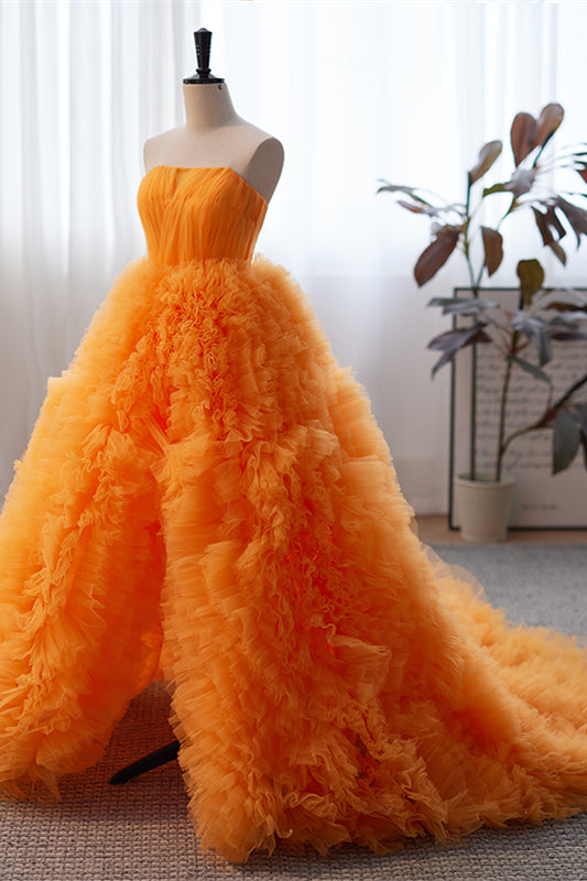 Orange Off-the-Shoulder Long Sleeves Ruffles Maxi Formal Dress with Slit