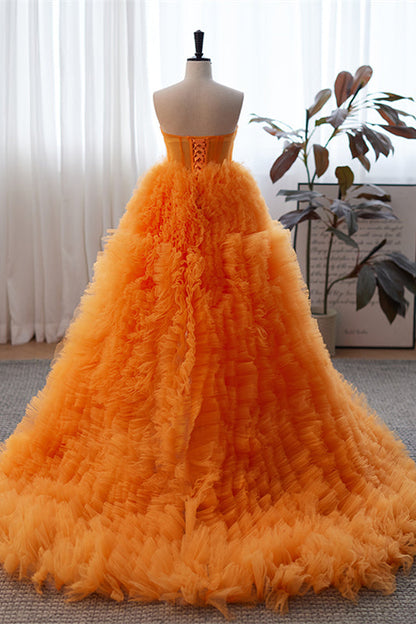 Orange Off-the-Shoulder Long Sleeves Ruffles Maxi Formal Dress with Slit