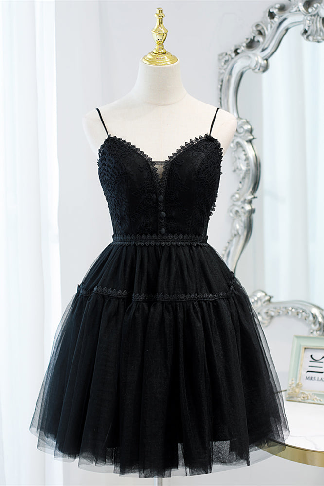 Black 2 Styles Tulle Straps Plunging V Homecoming Dress