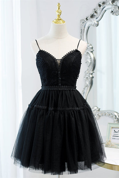 Black 2 Styles Tulle Straps Plunging V Homecoming Dress