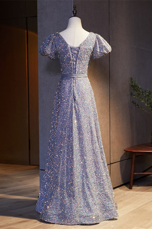 Lavender A-line Scoop Neck Puff Sleeves Sequins Maxi Formal Dress with Sash