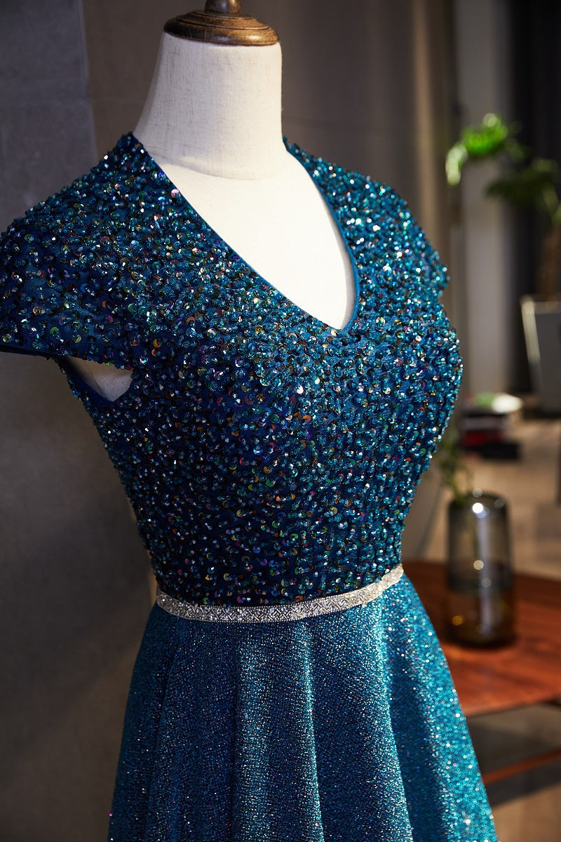 Sparkly A-Line V-Neck Cap Sleeves Beaded Empire Prom Dress