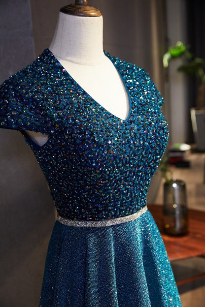 Sparkly A-Line V-Neck Cap Sleeves Beaded Empire Prom Dress