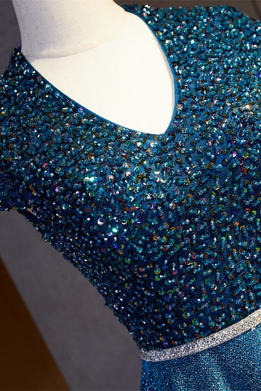 Sparkly A-Line V-Neck Cap Sleeves Beaded Empire Prom Dress