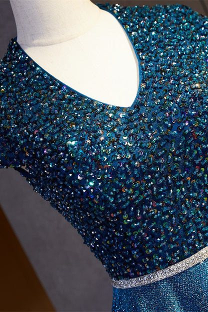 Sparkly A-Line V-Neck Cap Sleeves Beaded Empire Prom Dress