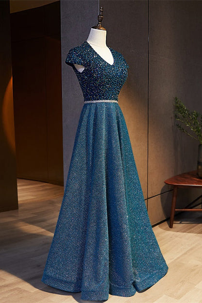 Sparkly A-Line V-Neck Cap Sleeves Beaded Empire Prom Dress