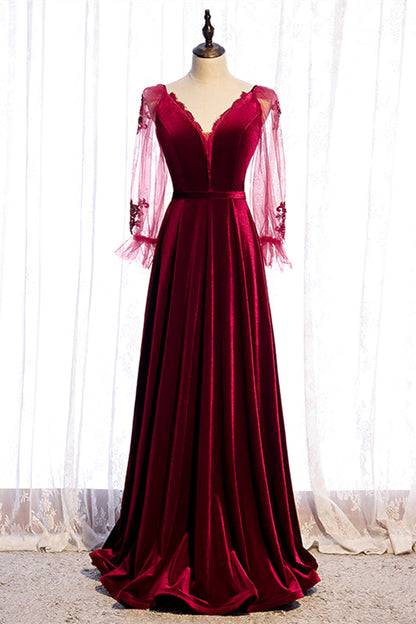 V-Neck Long Sleeves A-Line Velvet Party Dress