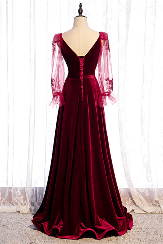 V-Neck Long Sleeves A-Line Velvet Party Dress