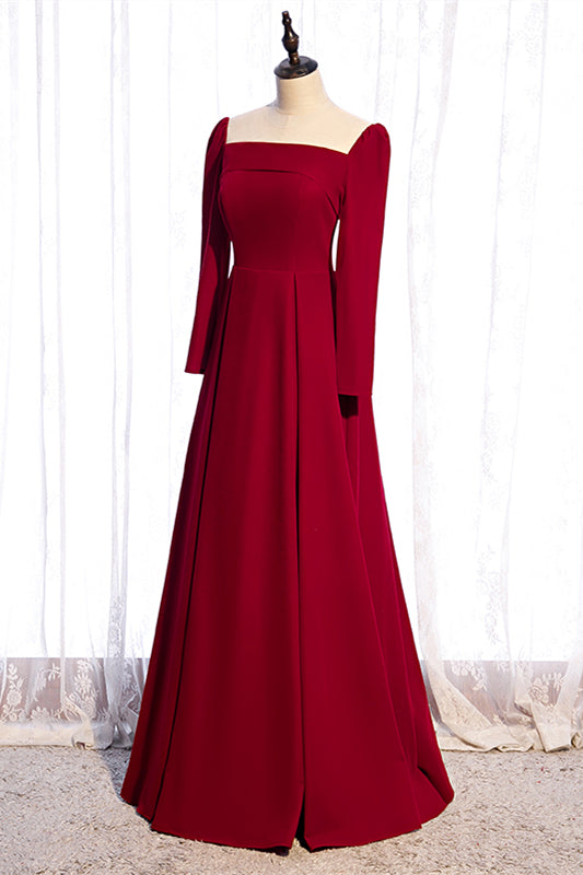 Square Long Sleeves A-Line Satin Red Party Dress