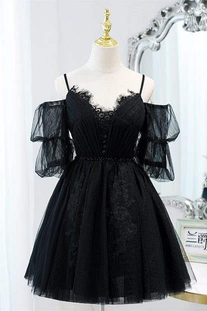 Champagne Off-the Shoulder Puff Sleeves Lace Beaded Homecoming Dress