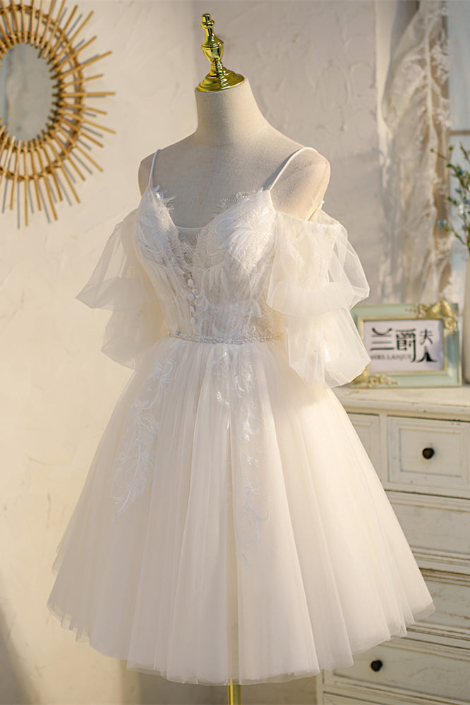 Champagne Off-the Shoulder Puff Sleeves Lace Beaded Homecoming Dress