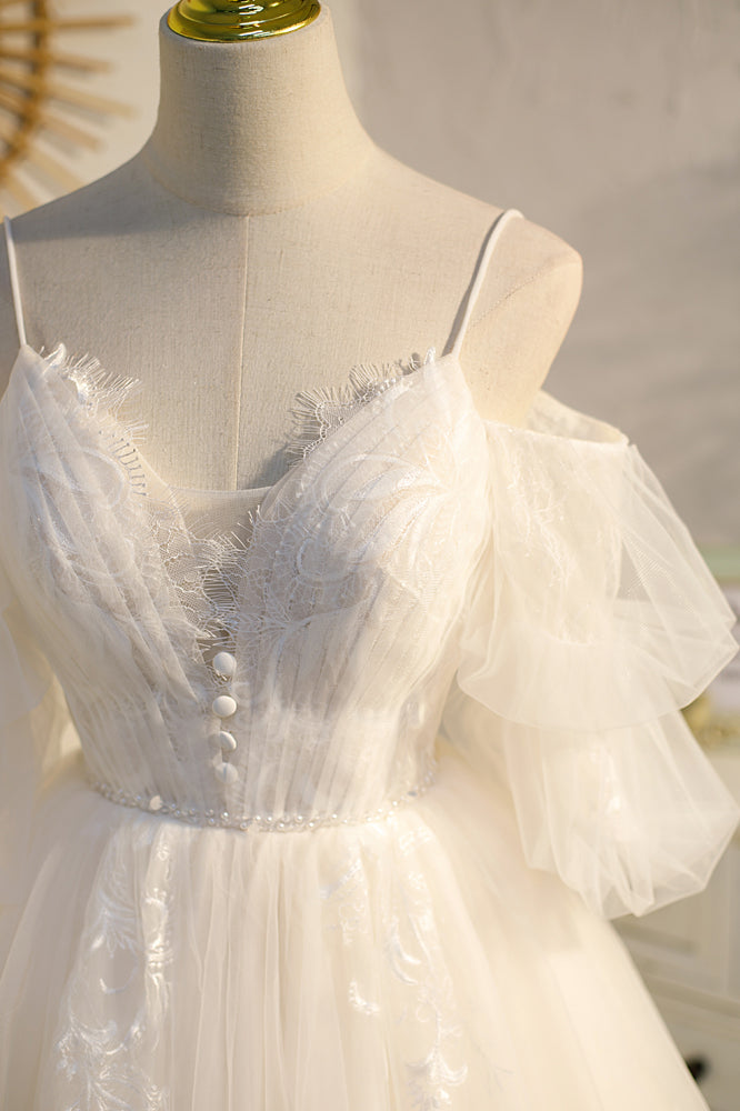 Champagne Off-the Shoulder Puff Sleeves Lace Beaded Homecoming Dress