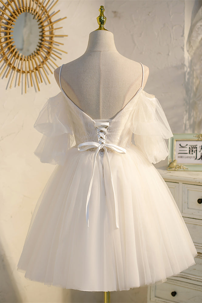 Champagne Off-the Shoulder Puff Sleeves Lace Beaded Homecoming Dress