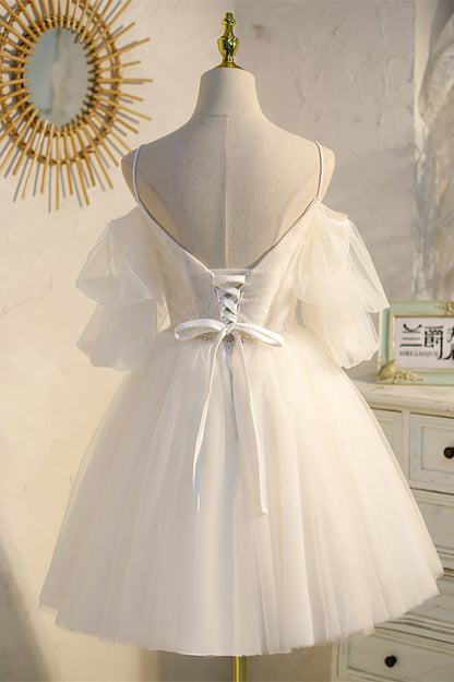 Champagne Off-the Shoulder Puff Sleeves Lace Beaded Homecoming Dress