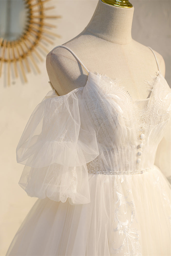 Champagne Off-the Shoulder Puff Sleeves Lace Beaded Homecoming Dress