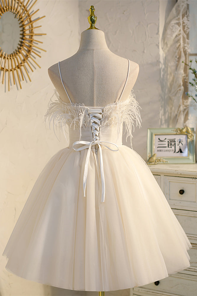 Champagne Feathers Straps Pleated Tulle Homecoming Dress