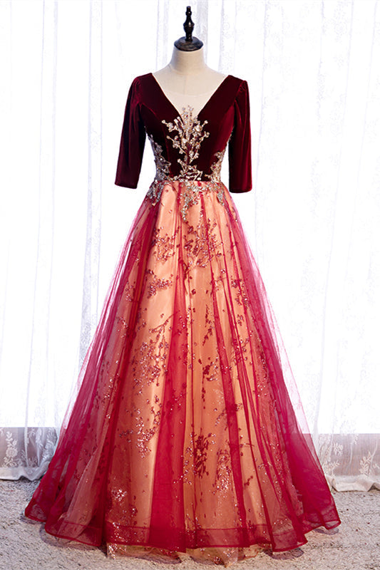 Chic A-Line V-Neck Half Sleeves Appliques Party Prom Dress