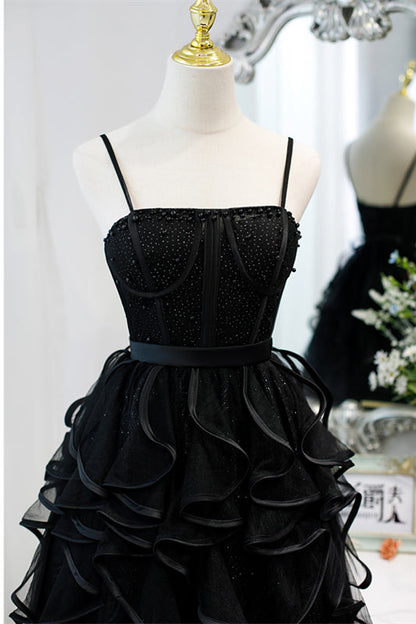 Black Straps Beaded Ruffle-Layers Tulle Homecoming Dress