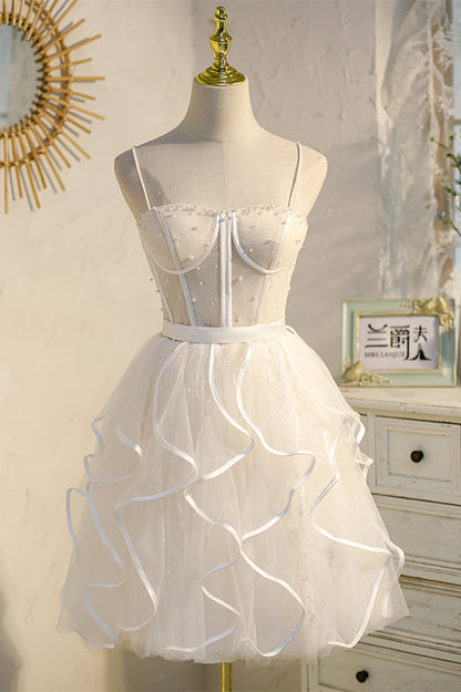 Black Straps Beaded Ruffle-Layers Tulle Homecoming Dress
