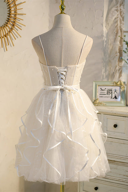 Black Straps Beaded Ruffle-Layers Tulle Homecoming Dress