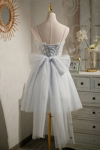 Light Blue Bow Tie Off-the-Shoulder Ruffle Beaded Homecoming Dress
