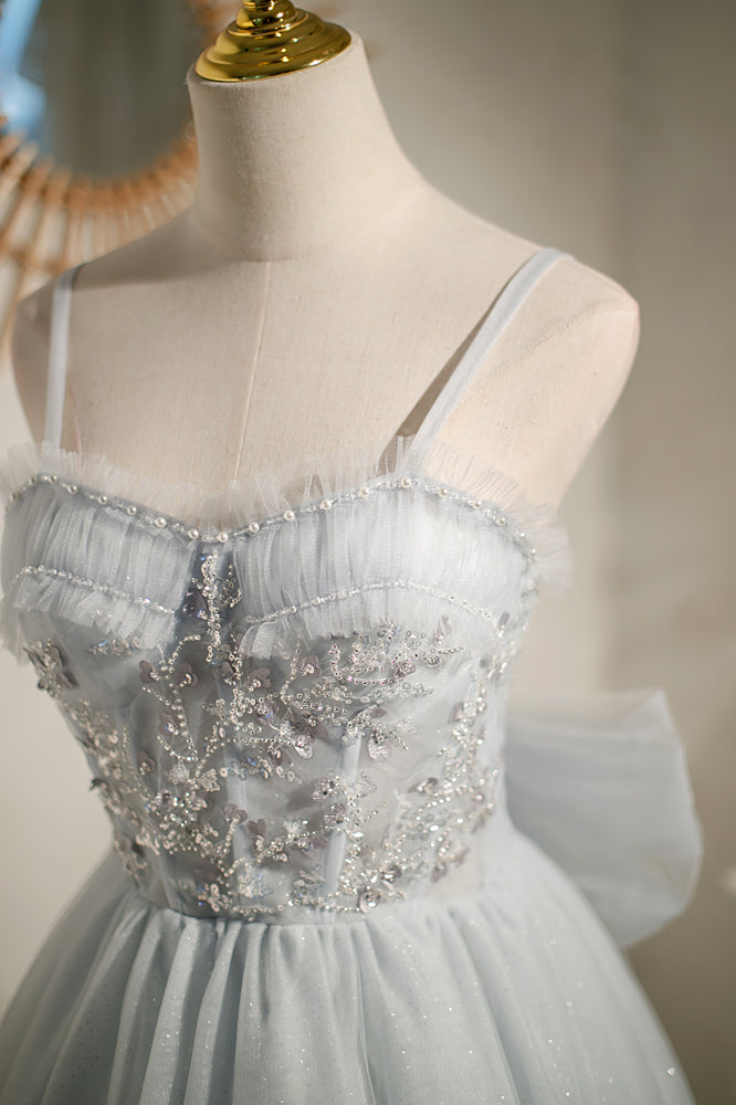 Light Blue Bow Tie Off-the-Shoulder Ruffle Beaded Homecoming Dress