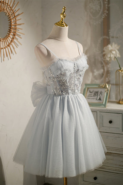 Light Blue Bow Tie Off-the-Shoulder Ruffle Beaded Homecoming Dress