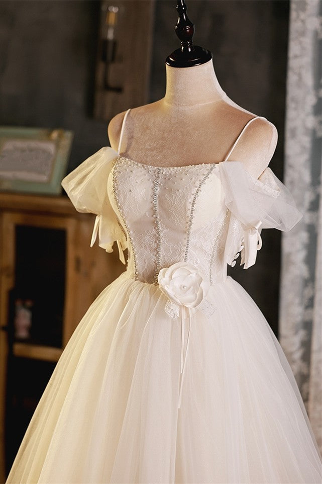 Champagne Off-the-Shoulder Straps Applique Beaded Homecoming Dress