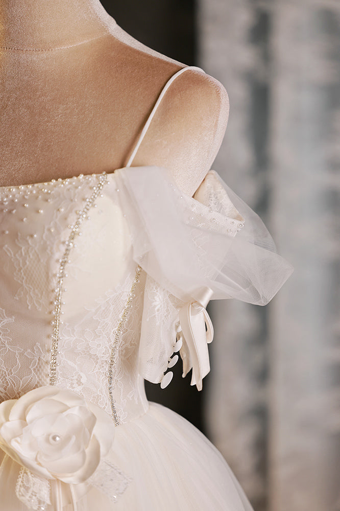 Champagne Off-the-Shoulder Straps Applique Beaded Homecoming Dress