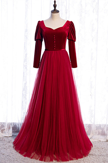 Long Sleeves A-Line Velvet And Tulle Party Prom Dress